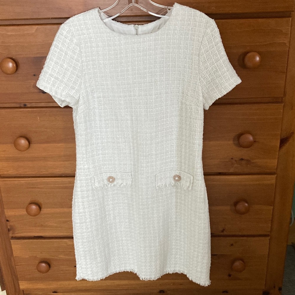 Bebop women’s M tweed dress short sleeve zip back cream white spring summer midi
